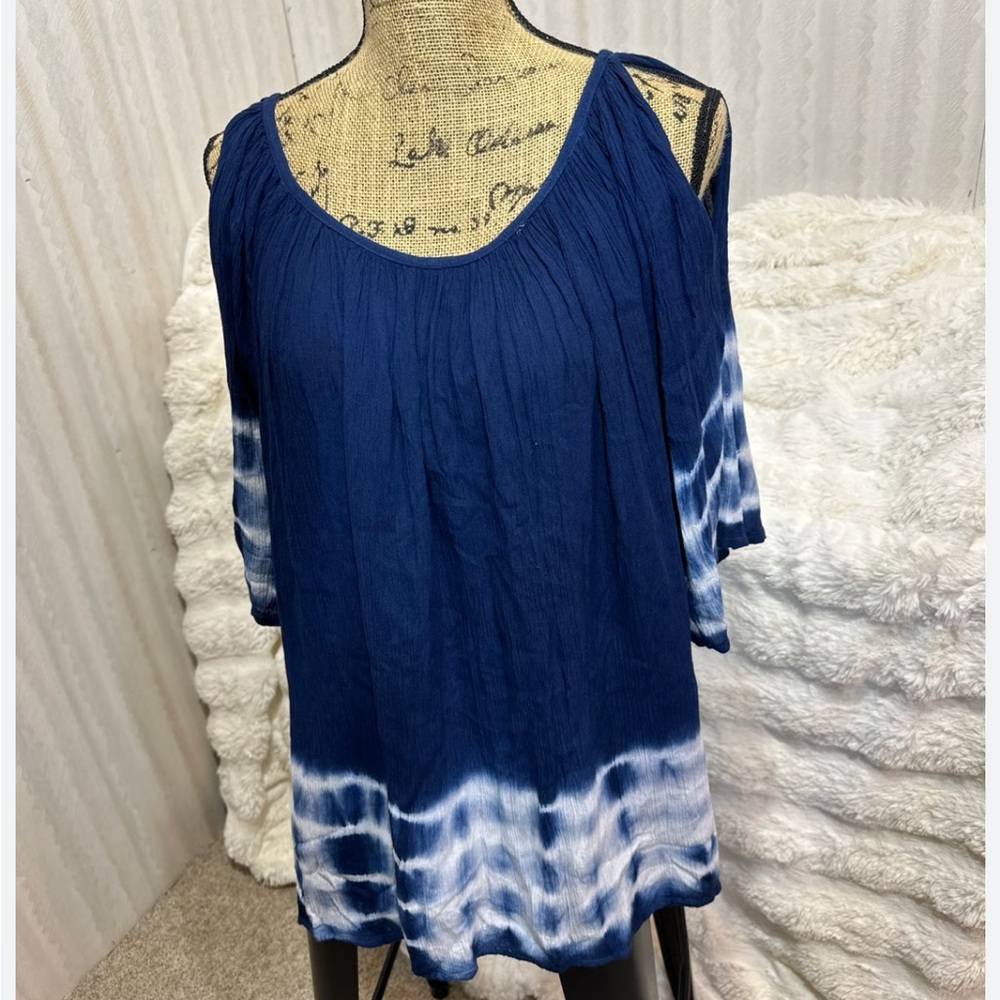Forever 21 Blue 3/4 flutter gauze Sleeve Relaxed Blouse Sz:L Oversized GUC